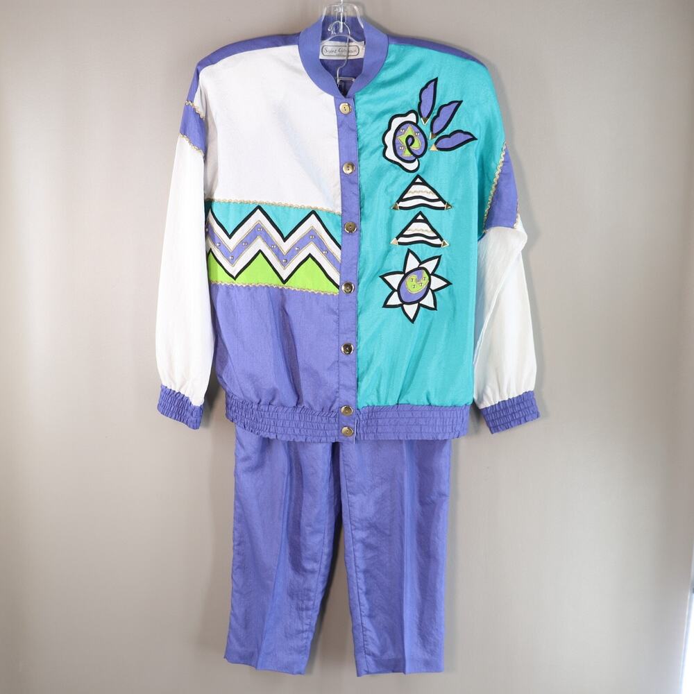 Vtg Saint Germain Track Suit Women Small 6 Purple Turquoise Floral Jacket Pants